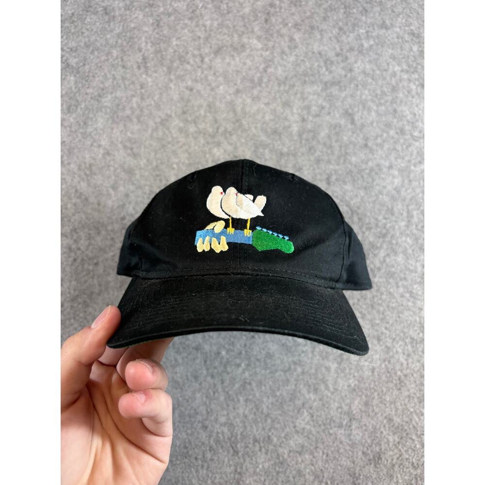VINTAGE 90s Woodstock Music Festival Hat Cap Mens Black Snapback Adjustable Art